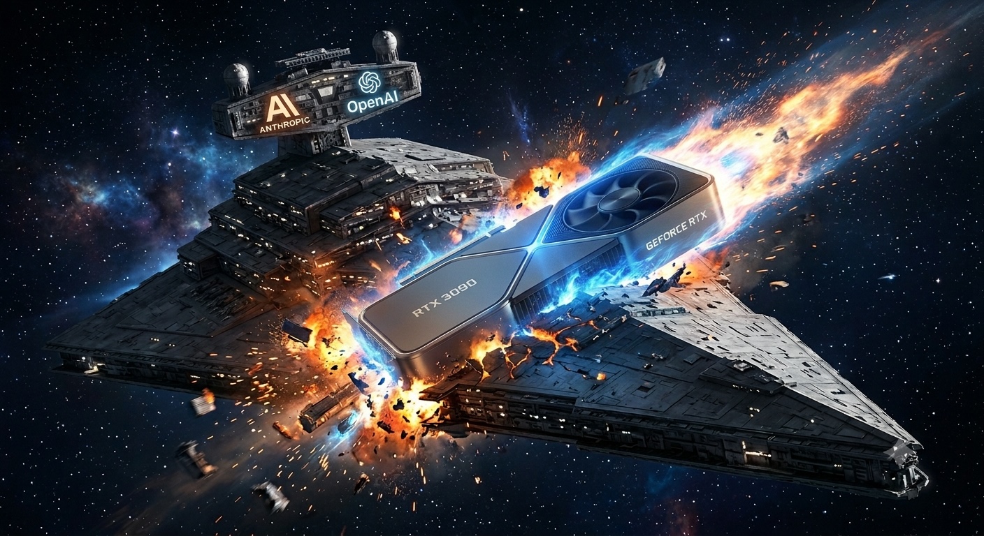 An RTX 3090 tearing through a star destroyer emblazoned with big-tech AI logos, exploding in a wake of blue and orange fire.