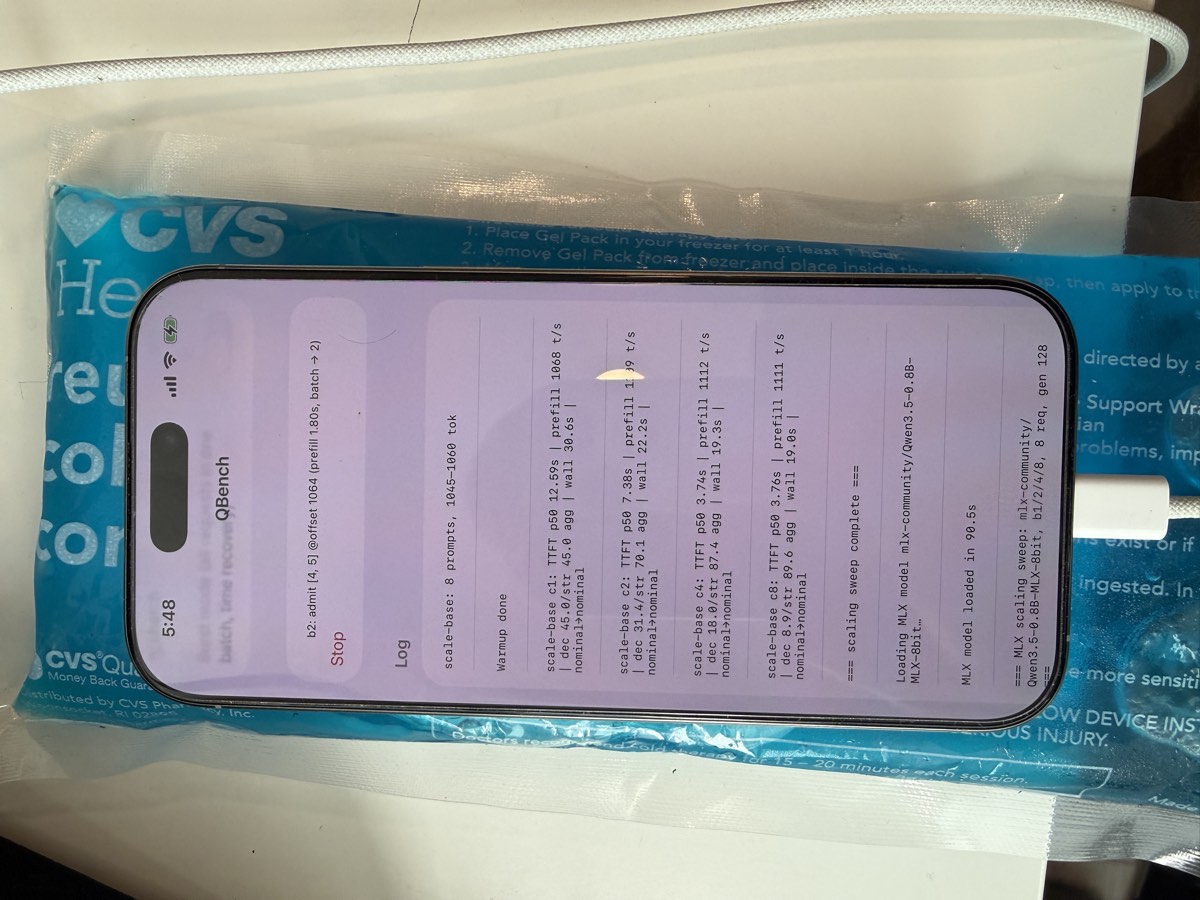 An iPhone running an LLM benchmark while lying on an ice pack.